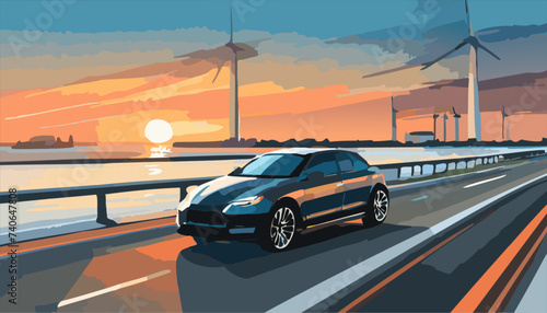 Car on the road in the sunset. Ai generated © Gnevkovska