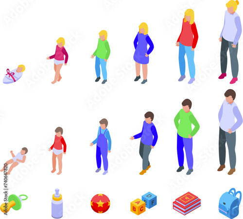 Baby growth process icons set isometric vector. Newborn toddler. Child evolution