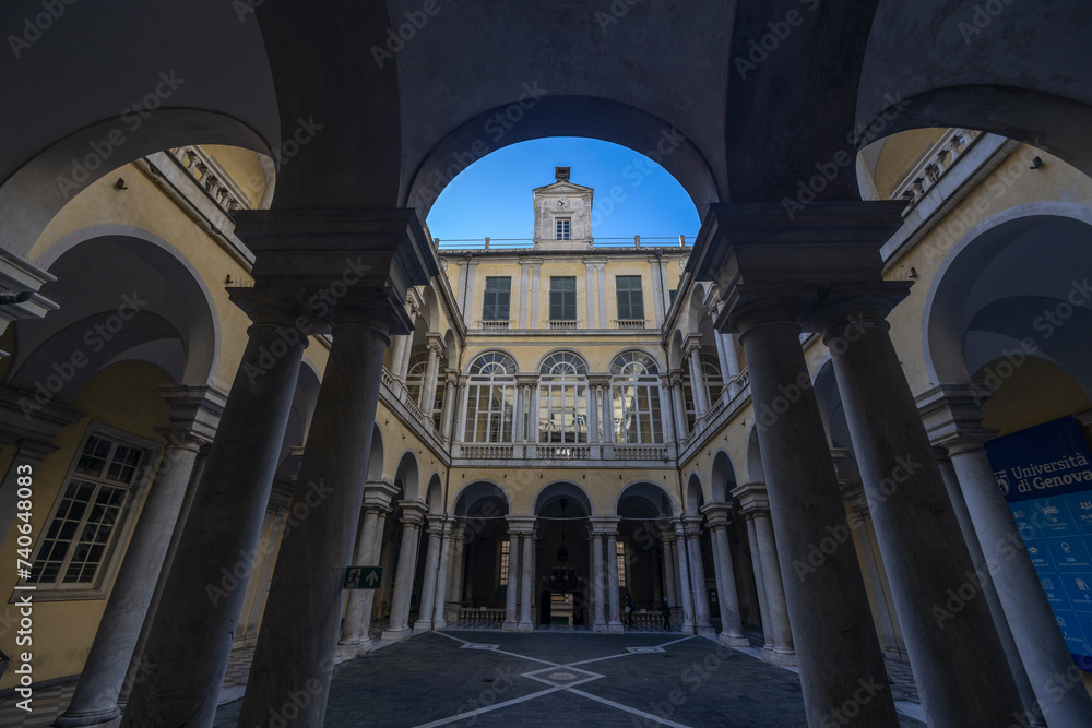 GENOA, ITALY, JANUARY 20, 2024 - View of the colonnade in the courtyard of the University of Genoa, Italy
