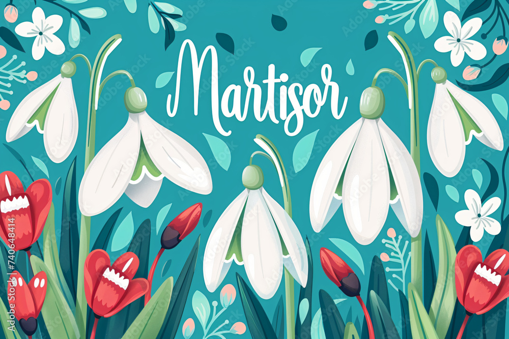 Martisor celebrating postcard with lettering and snowdrops flower. Baba Marta holiday concept. Martenitsa. Moldovan Romanian and Bulgarian symbol for spring beginning - obrazy, fototapety, plakaty 