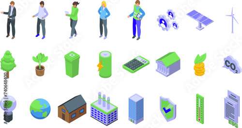 Esg icons set isometric vector. Social corporate. Economy energy ecology