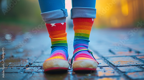Kid feet wearing colorful rainbow shoes and socks, happy child fashion footwear fun playful cheerful, Generative Ai

 photo