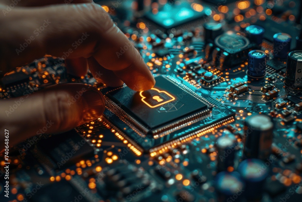 Finger touching key icon on circuit board symbolizing advanced security in digital technology conceptual representation of cybersecurity and data protection showcasing integration of modern computing Finger touching key icon on circuit board symbolizing advanced security in digital technology conceptual representation of cybersecurity and data protection showcasing integration of modern computing