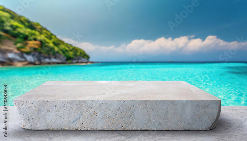 Concrete display platform overlooking a serene turquoise sea  white sandy beach  and lush greenery island under a cloudy sky