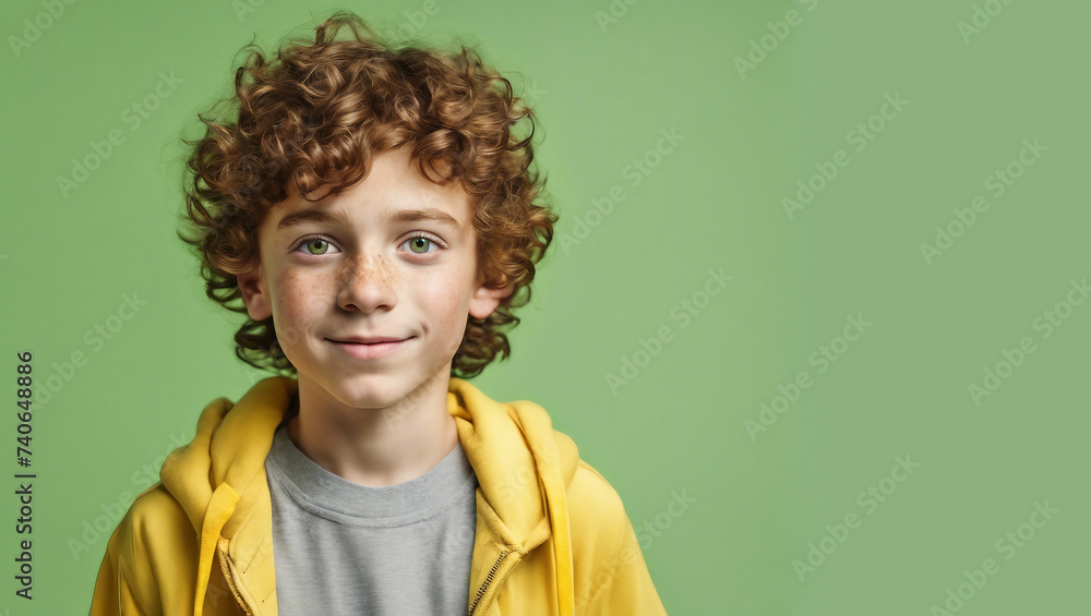 Close-up portrait of a young curly boy with big eyes and cute freckles on green background, copy space, AI generated Close-up portrait of a young curly boy with big eyes and cute freckles on green background, copy space, AI generated