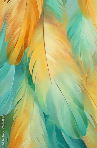Super close-up of colored feathers. Macro background of wings of an exotic bird.