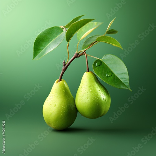 a pair of pears with leaves on a branch