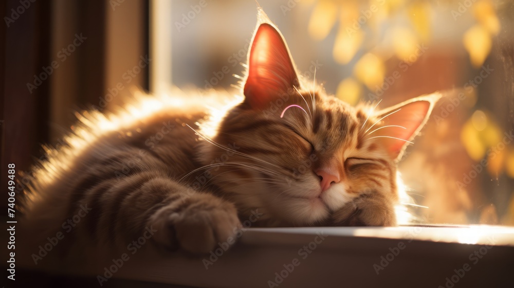 A photo featuring a cute cat peacefully sleeping on a cozy window sill, enjoying the warmth of the sunlight.