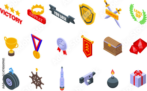 Victory game screen icons set isometric vector. Ui star bay. Button board level