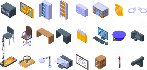 Crime bureau icons set isometric vector. Detective room interior. Desk pc furniture