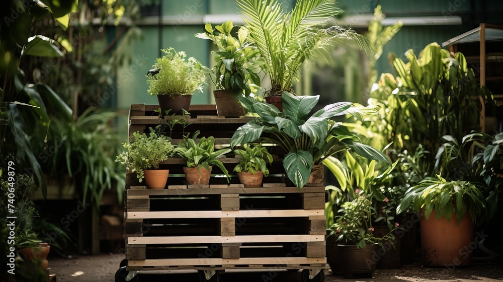 
Outdoor garden scene with plants in repurposed wooden pallets