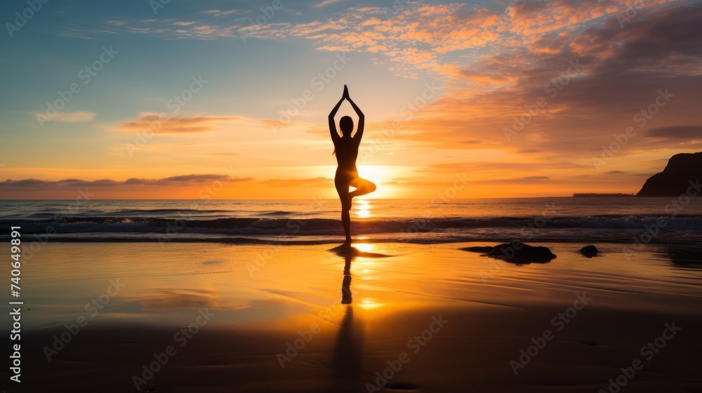 person practicing yoga in sunset on the beach