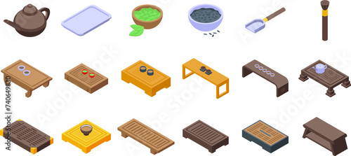 Tea ceremony table icons set isometric vector. Drinking home interior. Asian furniture