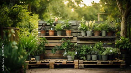  Outdoor garden scene with plants in repurposed wooden pallets