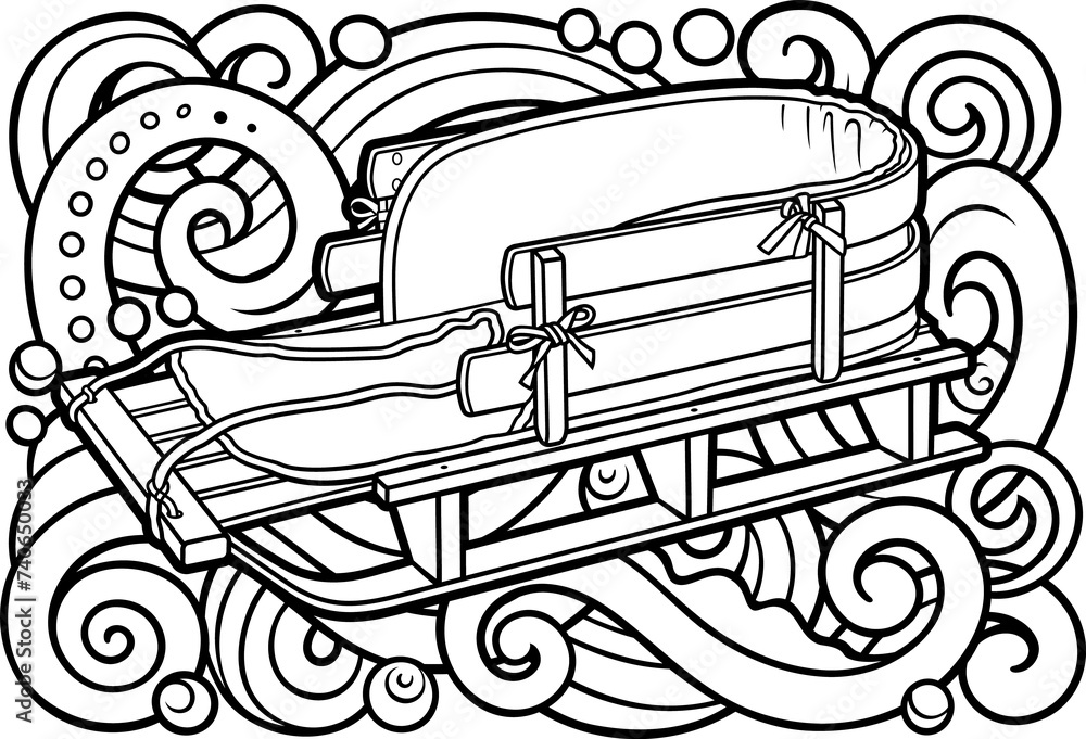 Cartoon cute doodle hand drawn sled illustration. Winter amusement object. Funny transport for snow ride