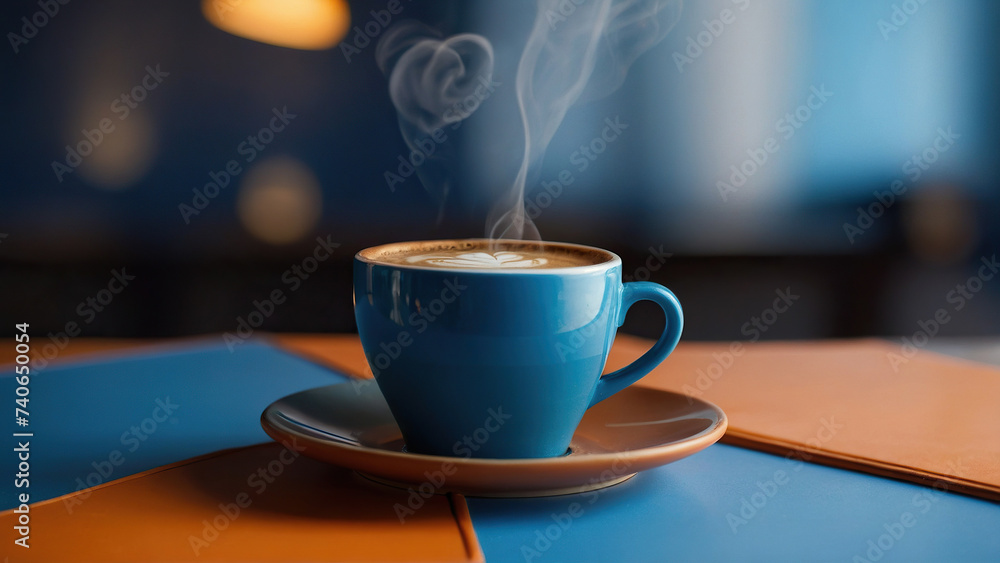 Creative coffee concept in blue and orange colors. Cup of coffee on a creative background. - obrazy, fototapety, plakaty 