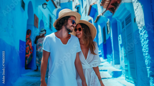Stylish couple walking in Chefchaouen, Morocco's blue city. © henjon