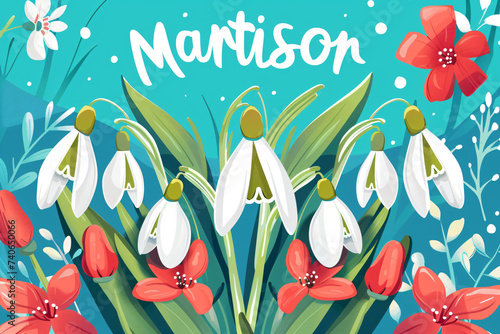 Martisor celebrating postcard with lettering and snowdrops flower. Baba Marta holiday concept. Martenitsa. Moldovan Romanian and Bulgarian symbol for spring beginning