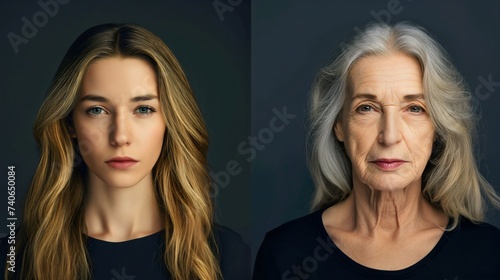 Aging process concept. On the left half is the beautiful young woman with brunette hair and smooth skin. On the right side is a senior old aged woman or grandma with gray hair and wrinkled skin