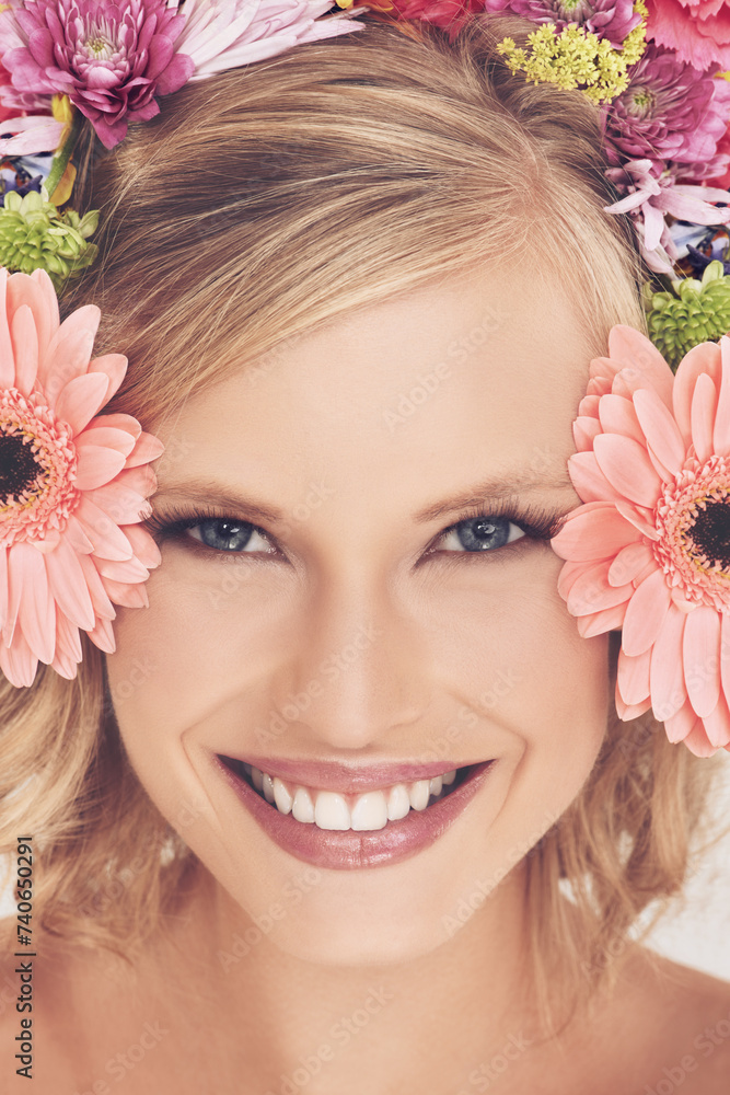 Woman, portrait and flowers on crown for beauty, happiness and wellness with spring aesthetic and floral art. Model, face and cosmetics with carnation plants for facial glow, skincare and headband Woman, portrait and flowers on crown for beauty, happiness and wellness with spring aesthetic and floral art. Model, face and cosmetics with carnation plants for facial glow, skincare and headband
