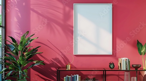 A mockup poster blank frame hanging on a vibrant magenta wall, above a modern glass bookshelf, Minimalist-style living area