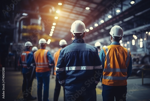 Back view of a team of engineers or workers checking construction structure of factory warehouse with steel roof structure and machine installation.