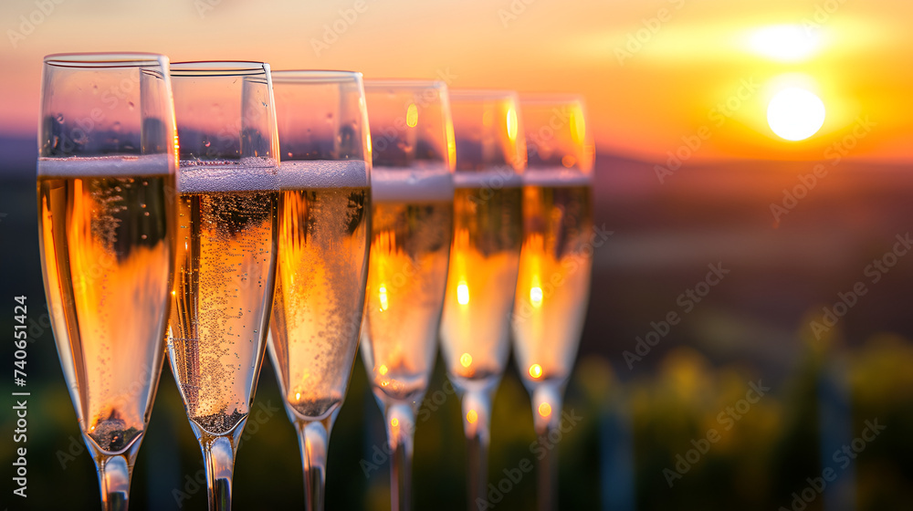Many glasses filled with sparkling wine champagne with joyful celebration, illuminating the night with effervescent cheer, Generative Ai.

 - obrazy, fototapety, plakaty 