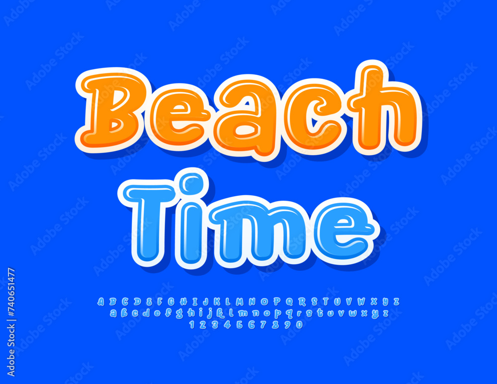 Vector bright Advertisement Beach Time. Playful Blue Font. Funny Glossy Alphabet Letters and Numbers set. Vector bright Advertisement Beach Time. Playful Blue Font. Funny Glossy Alphabet Letters and Numbers set.