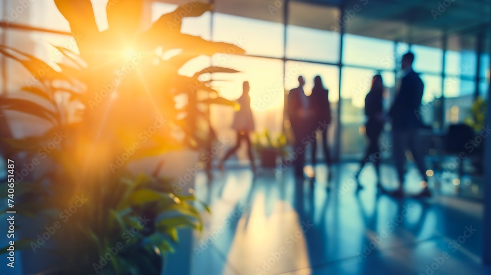Blurred sunny business office with silhouettes of corporate company employees, workers and colleagues working in a group as a team, interior businesspeople in suits discussion and talking