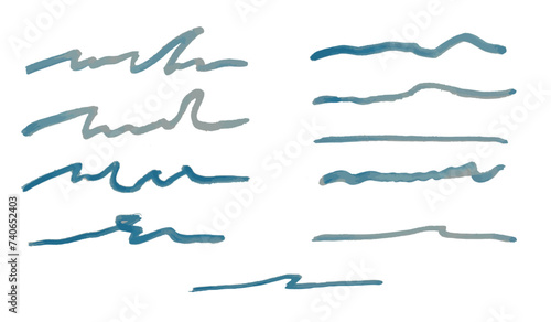 Grunge blue underline elements. Set of hand drawn blue pencil lines and brush highlight elements note underlines. For presentation, social media vector