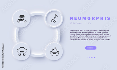 Car wash line icon. Hand wash, automated, detailing, interior, exterior cleaning, waxing, polishing, vacuuming,. Neomorphism style. Vector line icon for business and advertising