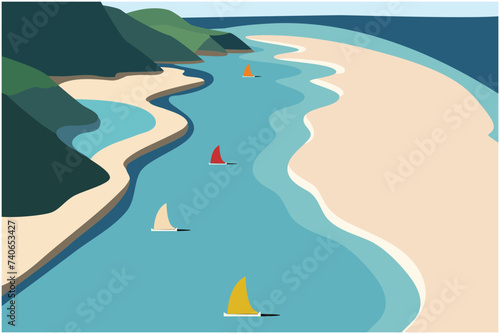 summer beach, sea coastline, boat sailing, aquamarine ocean, relax blue water, vector art illustration