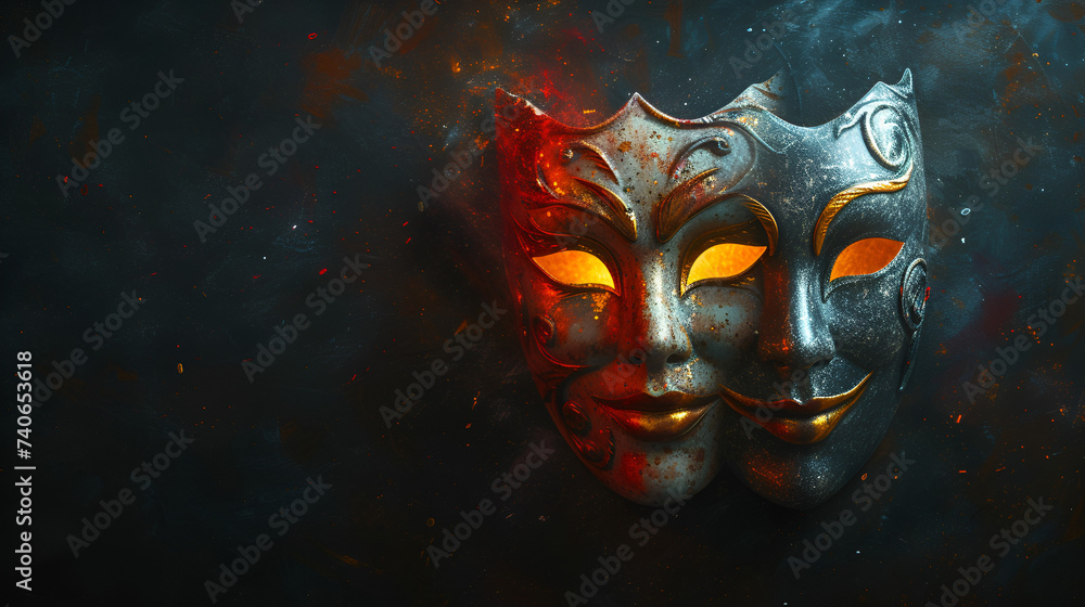Theatrical masks depicting good and evil contrasting against a dark background, evoking dramatic tension and symbolism, Generative Ai

