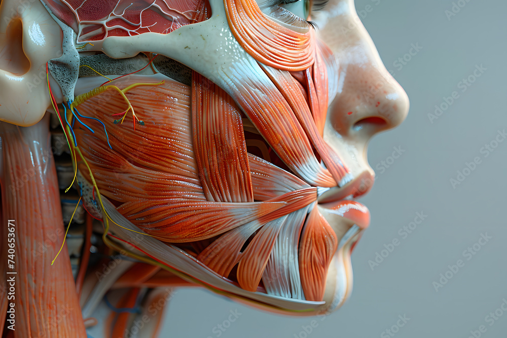 SIde view woman closeup face. Human anatomy, skin and muscles - obrazy, fototapety, plakaty 