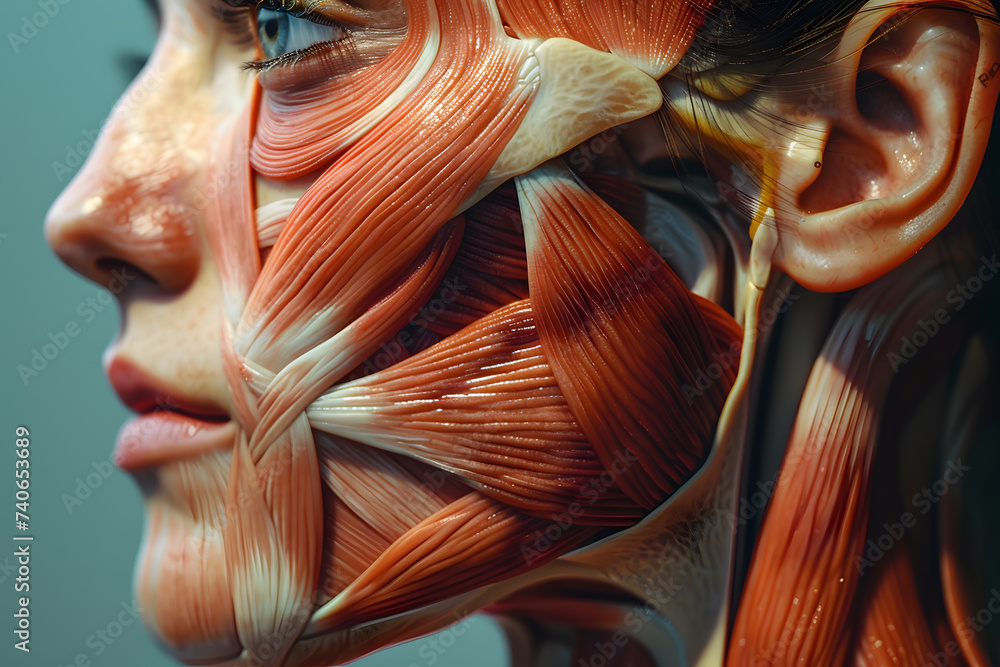 SIde view woman closeup face. Human anatomy, skin and muscles - obrazy, fototapety, plakaty 