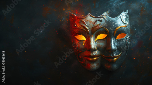 Theatrical masks depicting good and evil contrasting against a dark background, evoking dramatic tension and symbolism, Generative Ai