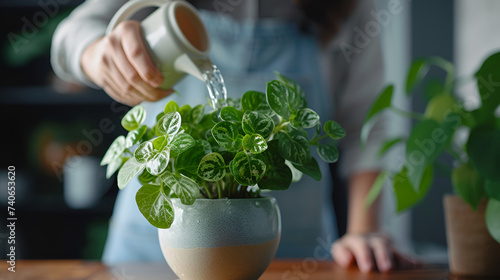 Person watering a small green plant in a pot at home. A serene moment of nurturing growth. Generative Ai