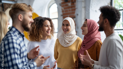 Diverse Group of People Engaged in Lively Conversation, Embodying Diversity, inclusivity at a Casual Business Gathering or Job Interview, Expressing Positive Vibes With Smiles and Gestures
