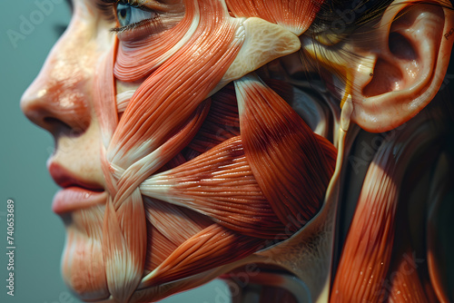 SIde view woman closeup face. Human anatomy, skin and muscles photo