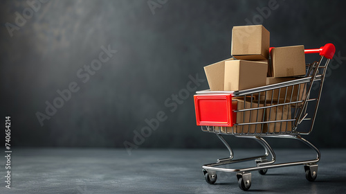 Shopping cart filled with boxes on a gray background, ready for delivery. Generative Ai