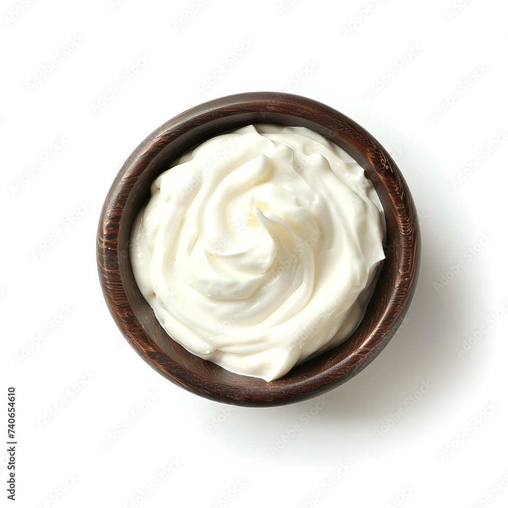 Sour Cream, Mayonnaise, Yogurt in wooden bowl top view isolated on white Sour Cream, Mayonnaise, Yogurt in wooden bowl top view isolated on white