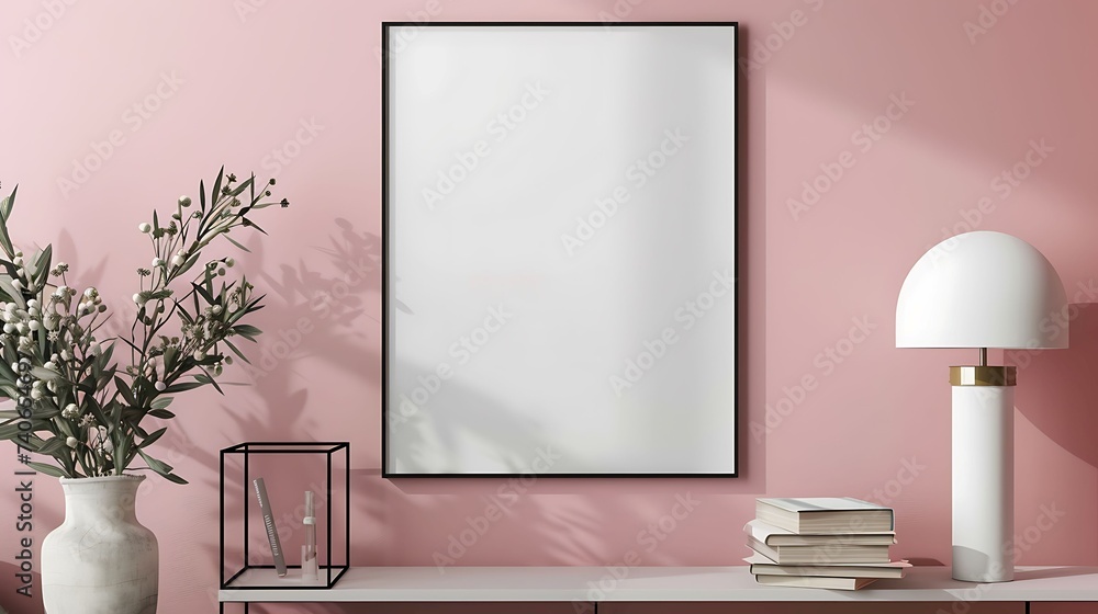 A mockup poster blank frame hanging on a soft blush pink wall, above a minimalist wireframe book rack, Minimalist-style living area
