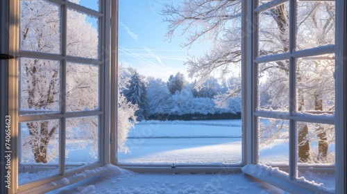 Frost-covered window  winter wonderland view