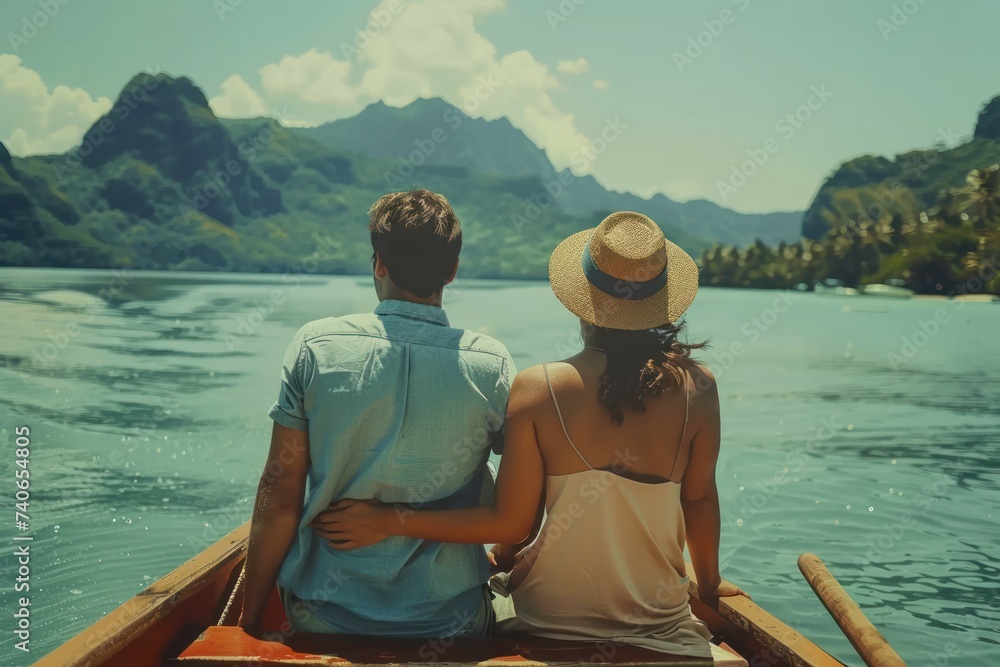 Romantic couple enjoying serene boat ride on sea epitomizing travel and vacation bliss beautiful scene capturing young love and happiness perfect for depicting summer holidays honeymoons or romantic