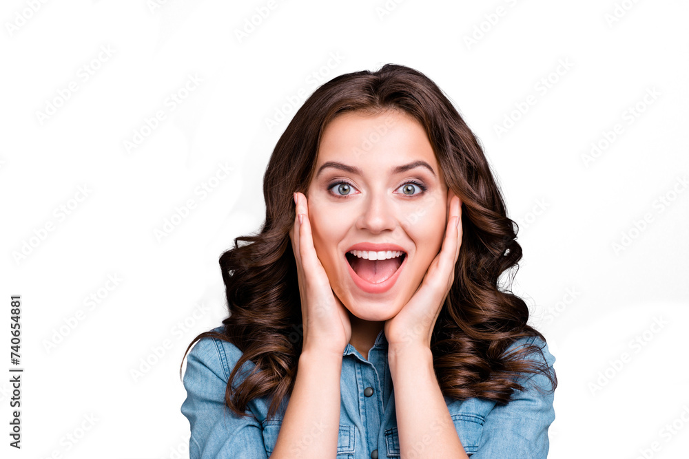 Portrait of stylish positive nice cute adorable lovely attractive brunette girl with wavy hair in casual denim shirt, opened mouth, palms holding cheeks, isolated over grey background Portrait of stylish positive nice cute adorable lovely attractive brunette girl with wavy hair in casual denim shirt, opened mouth, palms holding cheeks, isolated over grey background