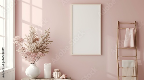 A mockup poster blank frame hanging on a soft blush pink wall  above a minimalist ladder shelf  Minimalist-style living area