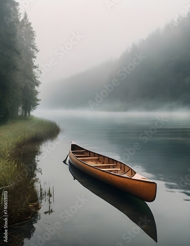 canoe in the water in nature with fog Generative AI