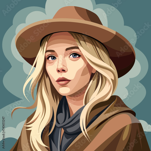 Captivating Close-Up Young Blonde Woman in Stylish Poncho and Hat Poses in Free Photo Studio