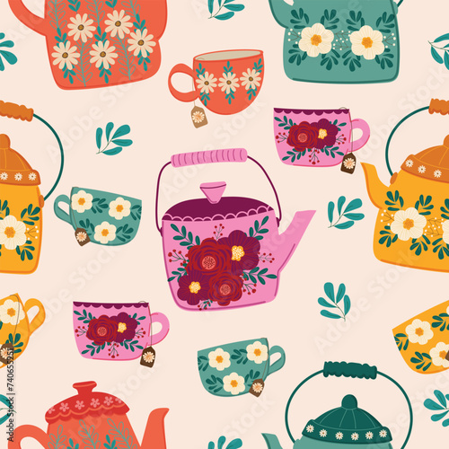 cute vintage flowers teapots and cups hand drawn seamless pattern vector for decorate invitation greeting birthday party celebration wedding card poster banner textile wallpaper paper wrap background