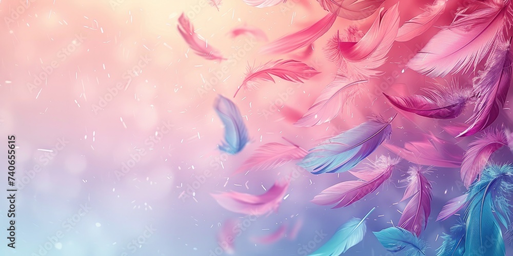 Obraz premium pastel colored feathers flying, soft pastel pink green blue purple colors